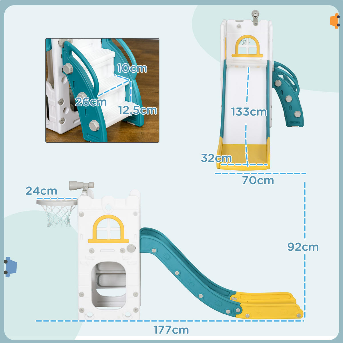 KINDERRUTSCHE 5 in 1 Kleinkinderrutsche mit Basketballkorb Teleskop Gelb - Gelb, Kunststoff (177/92/70cm) - AIYAPLAY