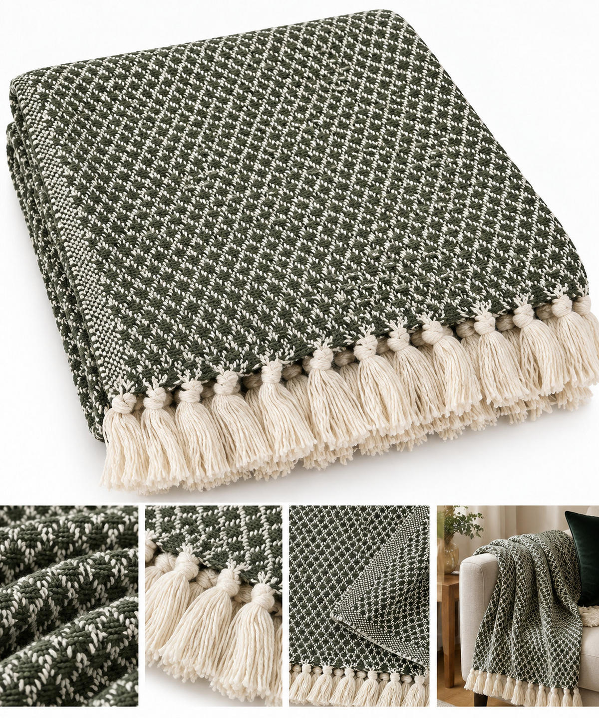 DECKE Netz 130x180 cm, 100% Baumwolle, Oliv - Olivgrün, Textil (130/180cm) - Au Maison