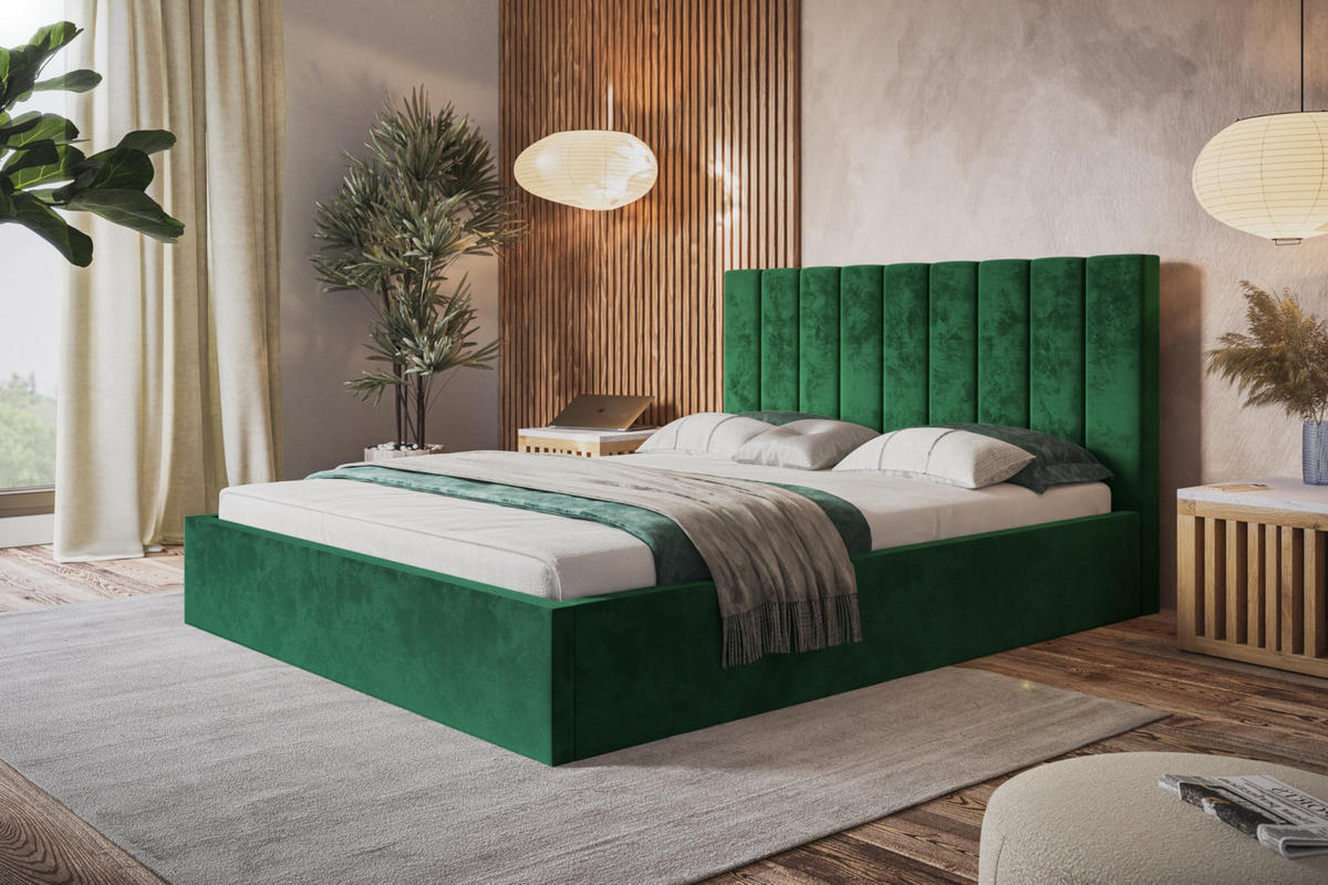 BETT 160x200 - Polsterbett mit Bettkasten und Metallrahmen - Modern Betten - Glatter Kronos-Stoff - Kollektion Sapporo - Grün - Grün, Holz/Textil (160/200cm) - Alpi-Möbel