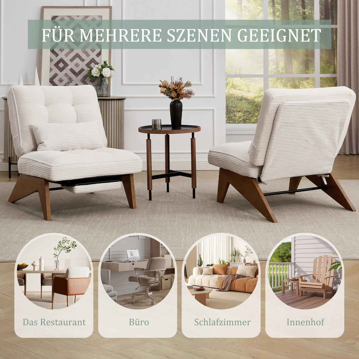 SCHAUKELSTUHL Beige Cord mit Fußstütze, Lendenkissen und Holzbeinen - Beige, Textil (73/90/127cm) - Oxeza