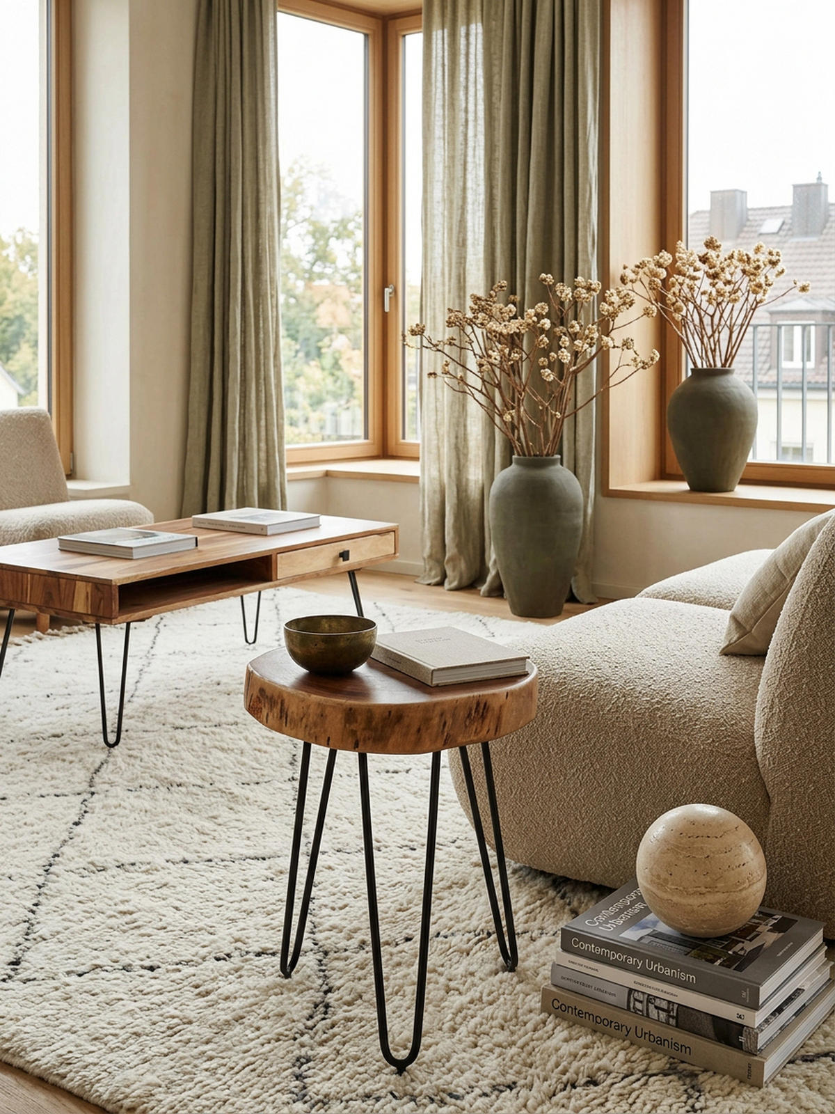 BEISTELLTISCH Massivholz Metallbeine Baumstammoptik BALU, Beige 35x35x45 cm - Beige/Schwarz, Holz/Metall (35/35/45cm) - KADIMA DESIGN