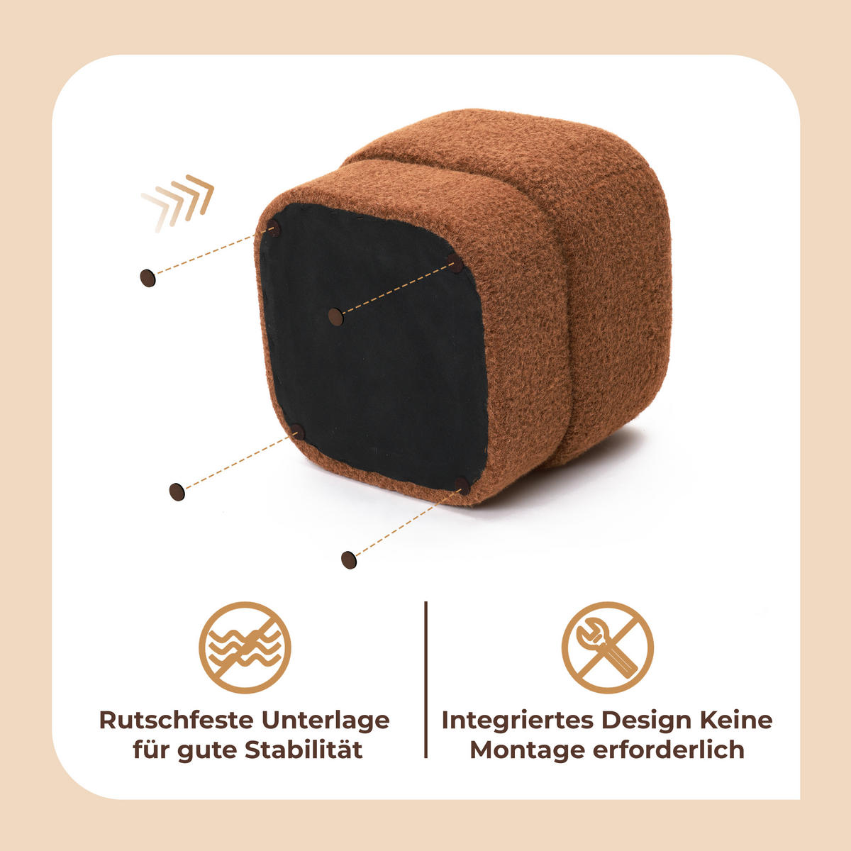 HOCKER Teddy-Stoff Braun 41 x 41 x 39 cm - Braun, Holzwerkstoff (42/40/42cm) - Hometopia