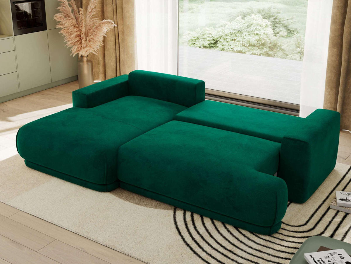 ECKSCHLAFSOFA RINA L Dunkelgrün Velvet - links - Dunkelgrün/Schwarz, Kunststoff/Textil (267/170cm) - MKS