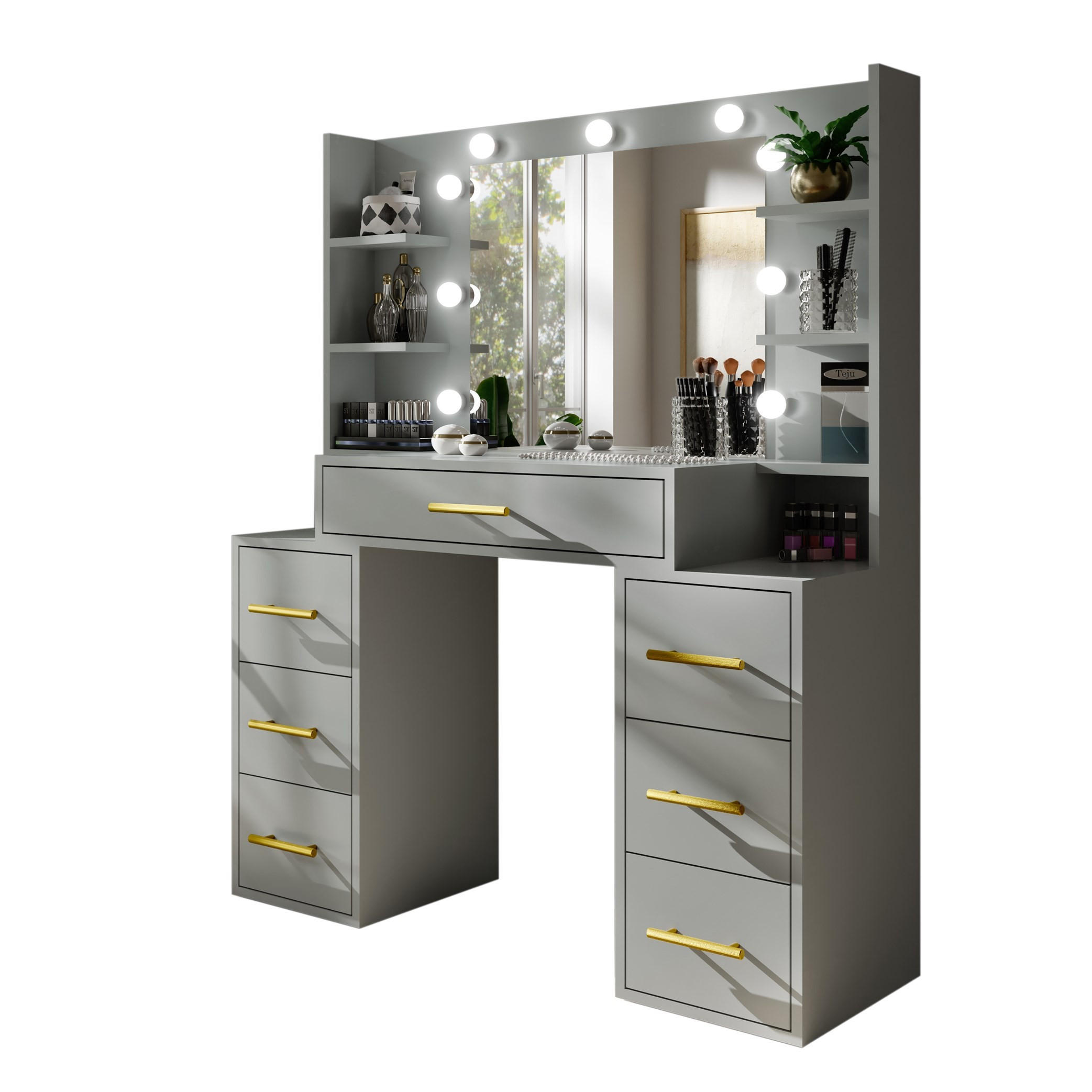 SCHMINKTISCH Star Grau, mit Spiegel und Beleuchtung - Grau, Glas/Holzwerkstoff (110/140/40cm) - Bettso