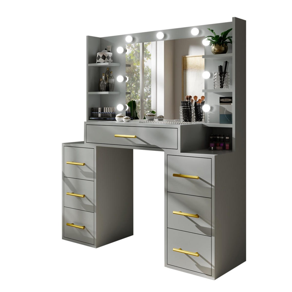 SCHMINKTISCH Star Grau, mit Spiegel und Beleuchtung - Grau, Glas/Holzwerkstoff (110/140/40cm) - Bettso