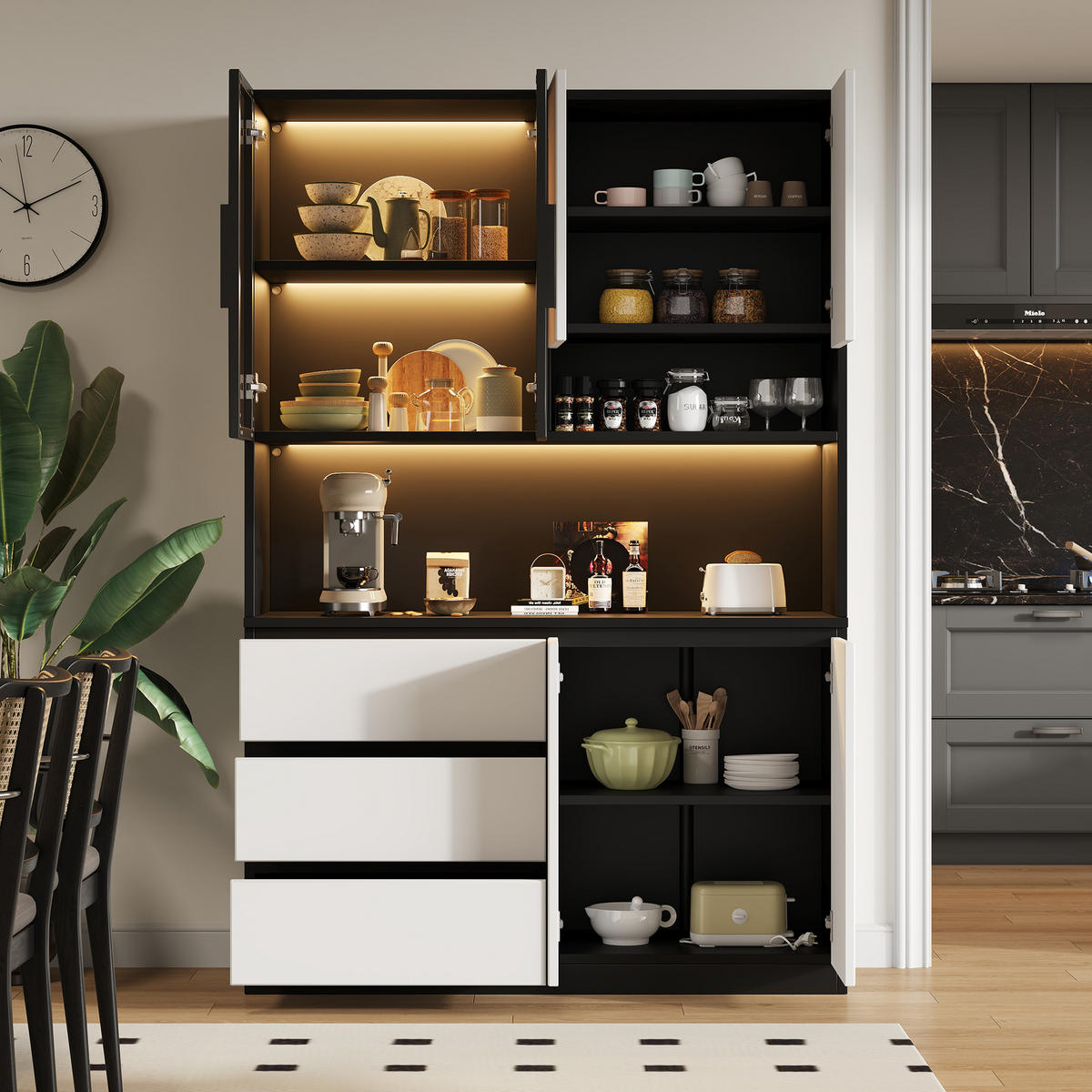 BUFFET KÜCHENSCHRANK LED Vitrine 6 Türen 3 Schubladen - Multicolor, Holzwerkstoff (120.5/180/40cm) - FLIEKS