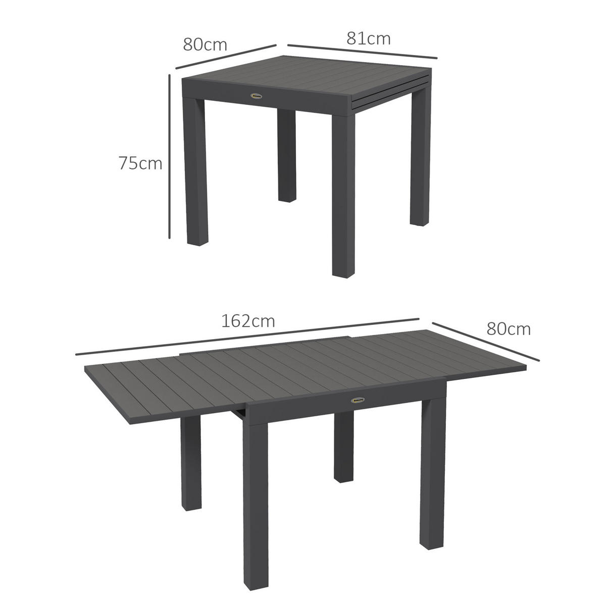 GARTENTISCH aus Aluminium 81/162x80x75 cm Grau ausziehbar mit Lattenoptik und verstellbaren Fußstützen - Grau, Metall (162/80/75cm) - Modfu