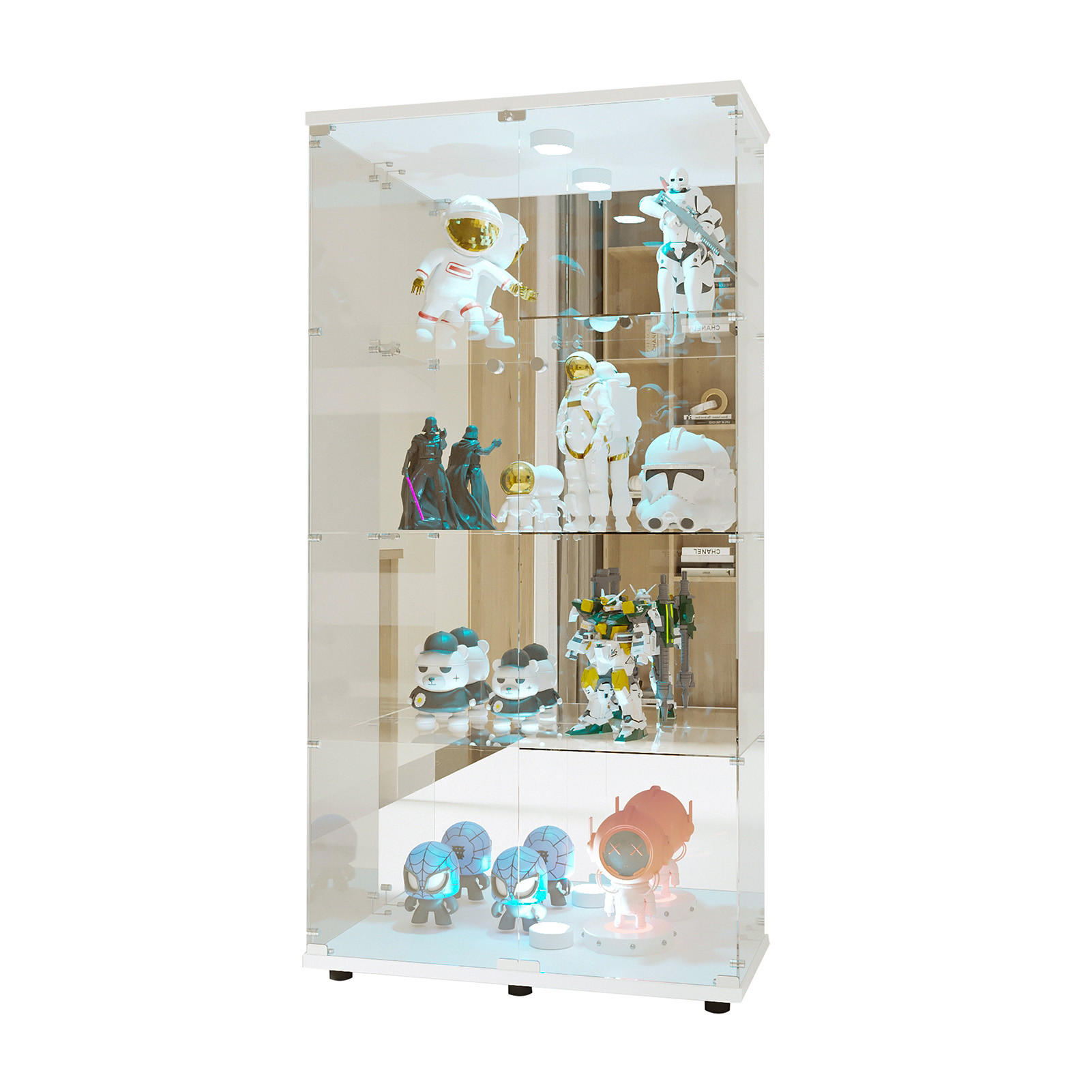 GLASVITRINE Standvitrine, 4 Lagen Glas Vitrine Vitrinenschrank,2 Türen, LED Lampe Und Schloss, Weiß - Weiß, Glas (36/164/80cm)