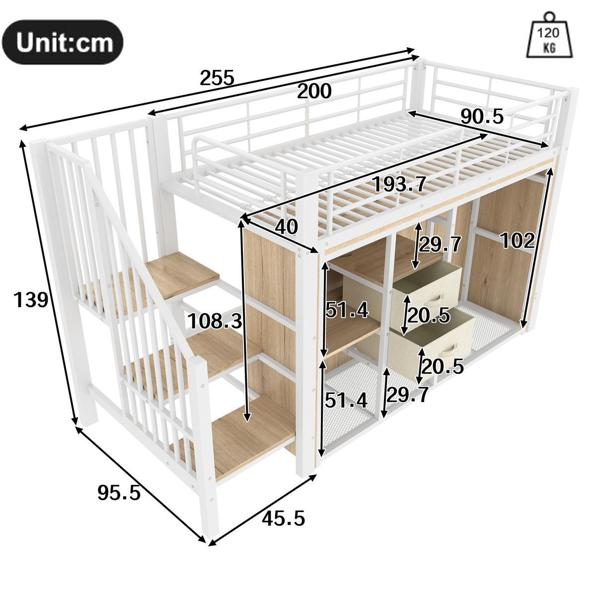 HALBHOHES BETT 90/200 cm Weiß mit 2 Schubladen und LED-Beleuchtung - Weiß, Metall (90/200cm) - MIVRAY
