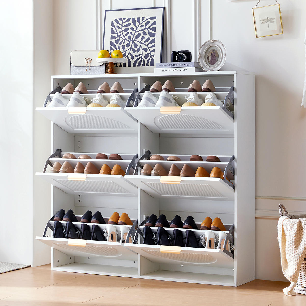 SCHUHSCHRANK Modern 6 Fächer Weiß 118x25x115cm - Weiß, Holzwerkstoff (25/115/118cm) - FLIEKS