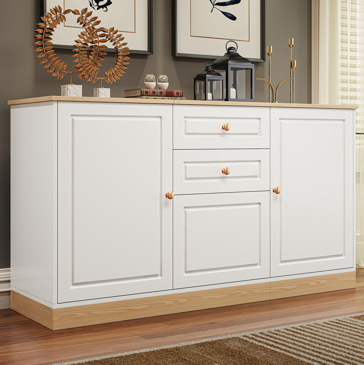 SIDEBOARD 135,5/39/76 cm weiß in Holzoptik aus Spanplatte mit 3 Türen und 2 Schubladen - Weiß, Holzwerkstoff (135.5/76/39cm) - OKWISH