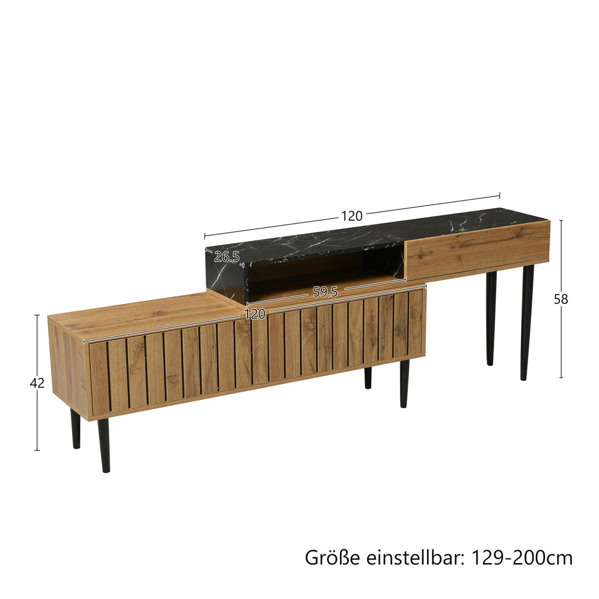 TV Lowboard 180x36,5x58 cm, Marmoroptik, Holzmaserung - Braun, Holz (180/58/36cm)