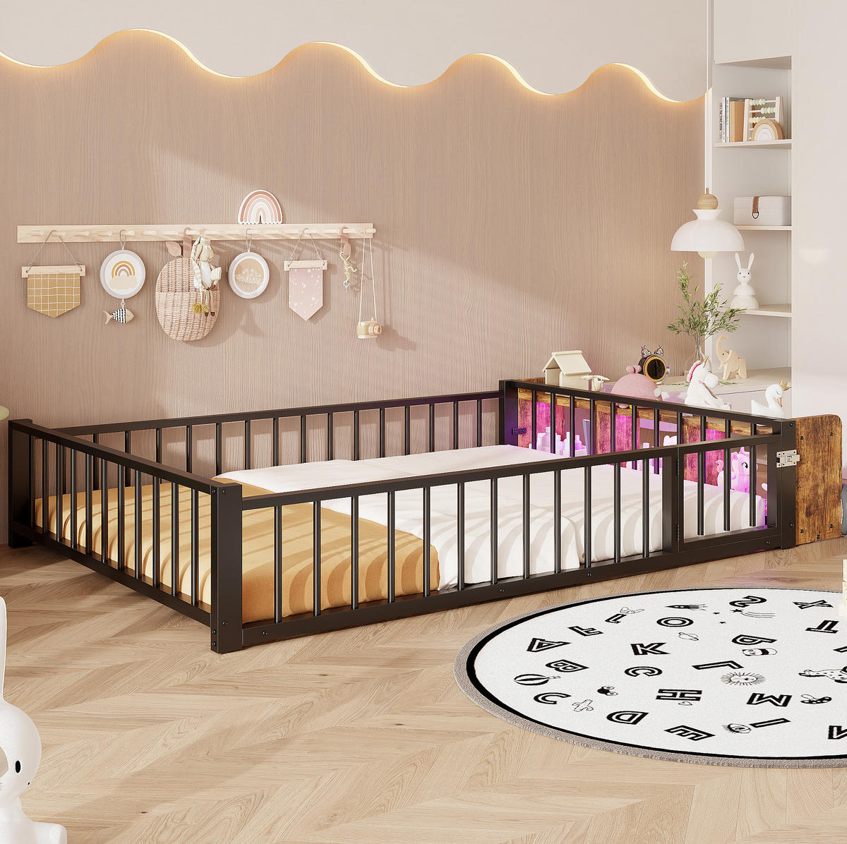 KINDERBETT 140/200 cm aus Metall und MDF mit Schutzgeländer, offenem Staufach und LED-Beleuchtung, Schwarz - Schwarz, Holzwerkstoff (140/200cm) - Redom