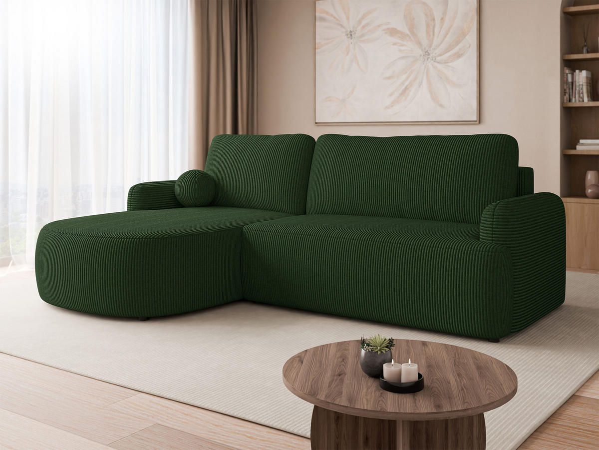 ECKSOFA Loridu Cord, Seite: Links - Dunkelgrün/Schwarz, Holz/Kunststoff (250/174cm) - MIRJAN24