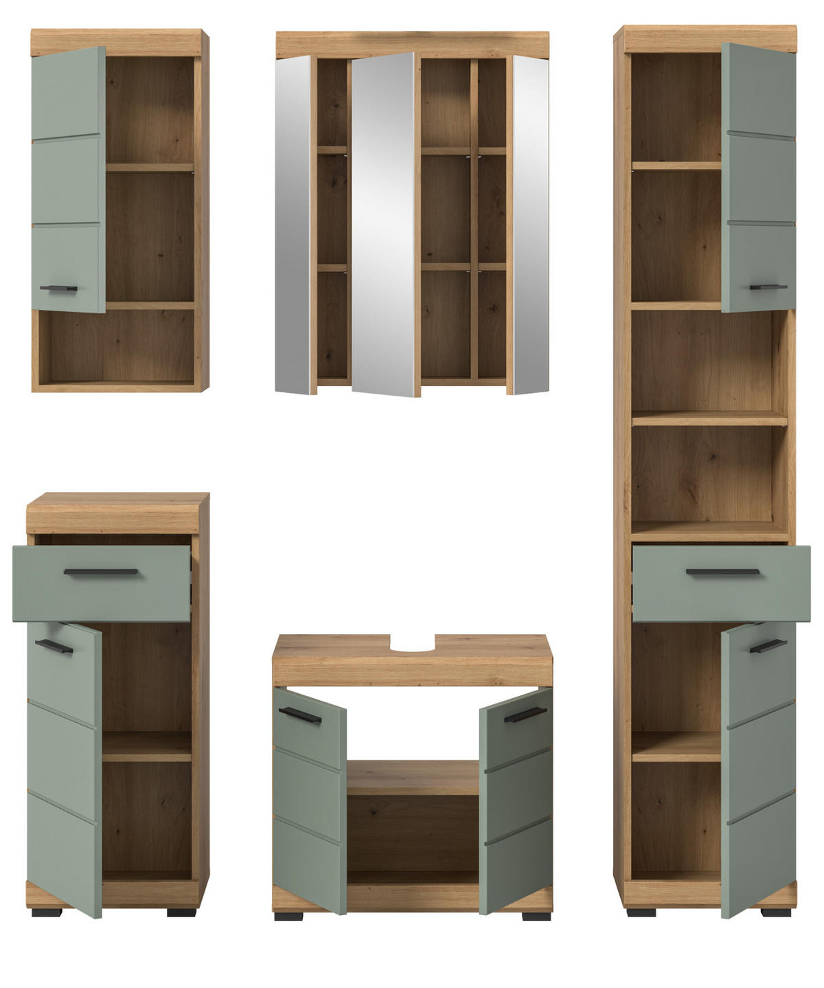 BADMÖBEL-SET Salbei grün, Eiche Artisan 5-teilig 164 cm, Komplettset mit viel Stauraum - Salbeigrün/Schwarz, Glas/Holzwerkstoff (164/191/34cm) - Inn.Furn