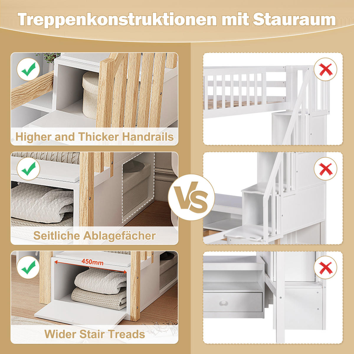 HOCHBETT 90x200cm Weiß + Natur LED-Licht Ablageleiter Schreibtisch - Multicolor, Holz (90/200cm) - FLIEKS