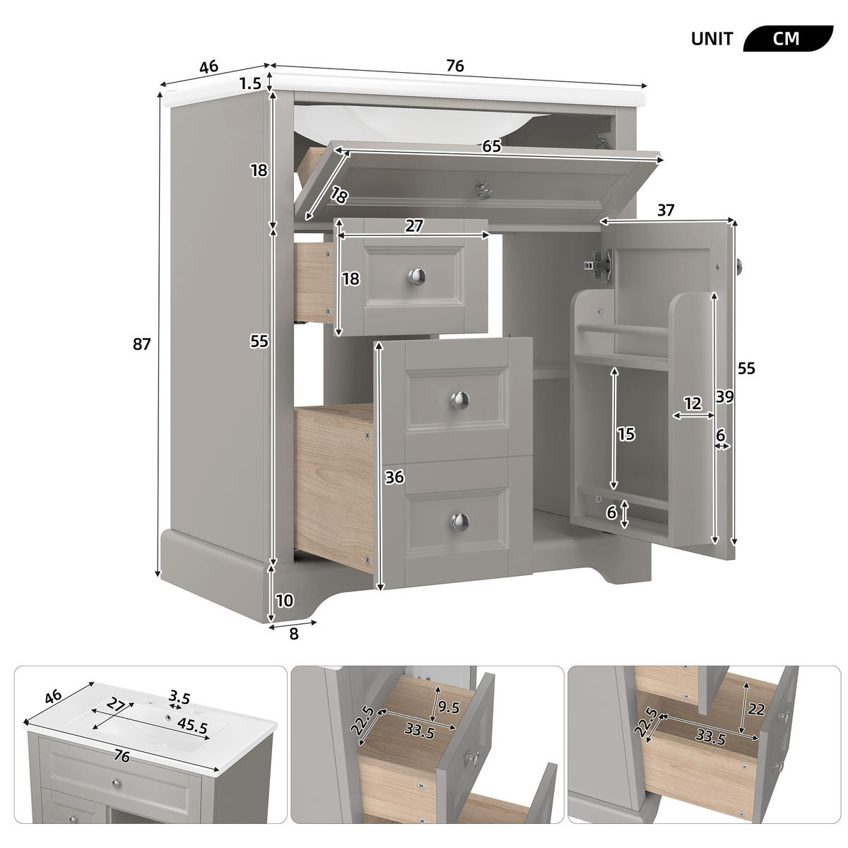 WASCHTISCHKOMBI Grau mit Soft-Close & Keramikbecken - Grau, Keramik/Holzwerkstoff (76/87/46cm) - Urban Meuble