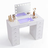 SCHMINKTISCH mit Spiegel Beleuchtung 11 Schubladen Weiβ 130/55/129 CM - Weiß, Holz/Metall (130/81/55cm) - VANITII