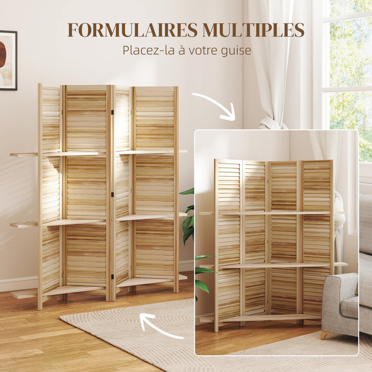 PARAVENT DE-14318 4 Paneele, 3 Regalböden, Lamellen Naturholz - Naturfarben, Holz (160/170/1.9cm) - ComfortXL