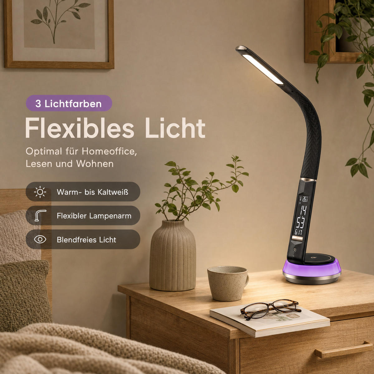 LED-SCHREIBTISCHLAMPE - mit QI-Ladestation, Touch-Dimmer und integrierter Uhr für angenehme Beleuchtung, Schwarz - Schwarz, Kunststoff (13.7/13.7/54.5cm) - Northpoint