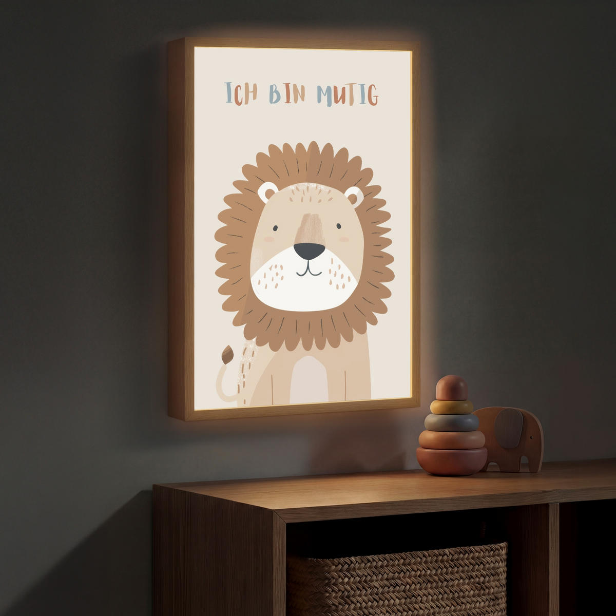 NACHTTISCHLAMPE MIT AKKU Löwe - Beige - Tier - Mutig - Zitat 40x60 cm - Beige, Holzwerkstoff (8/40/60cm) - OnlyWow