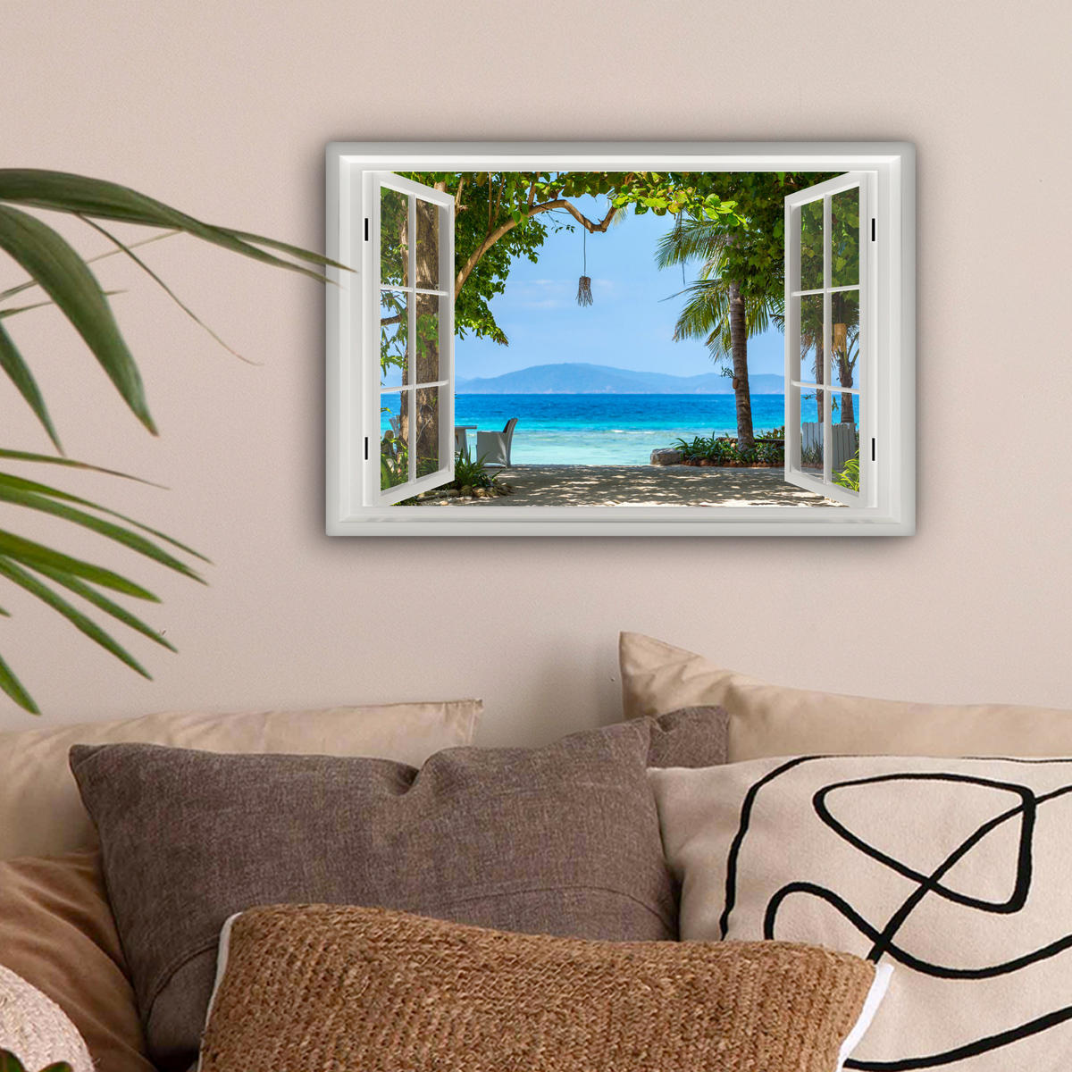 LEINWANDBILD Aussicht - Baum - Meer - Palme - Hügel - Strand - Blau 30x20 cm - Blau, Textil (30/20cm) - MuchoWow