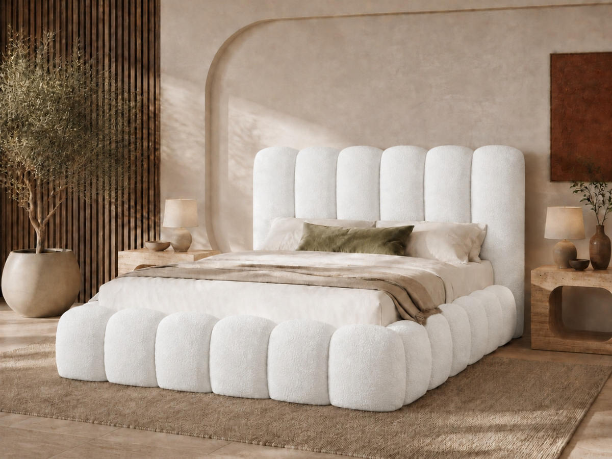 POLSTERBETT MELLOW 120x200 cm in Weiß, gepolstertes Kopfteil, Lattenrost, Bettkasten, Bouclé-Stoff - Weiß, Holz/Textil (120/200cm) - EMLAR Home