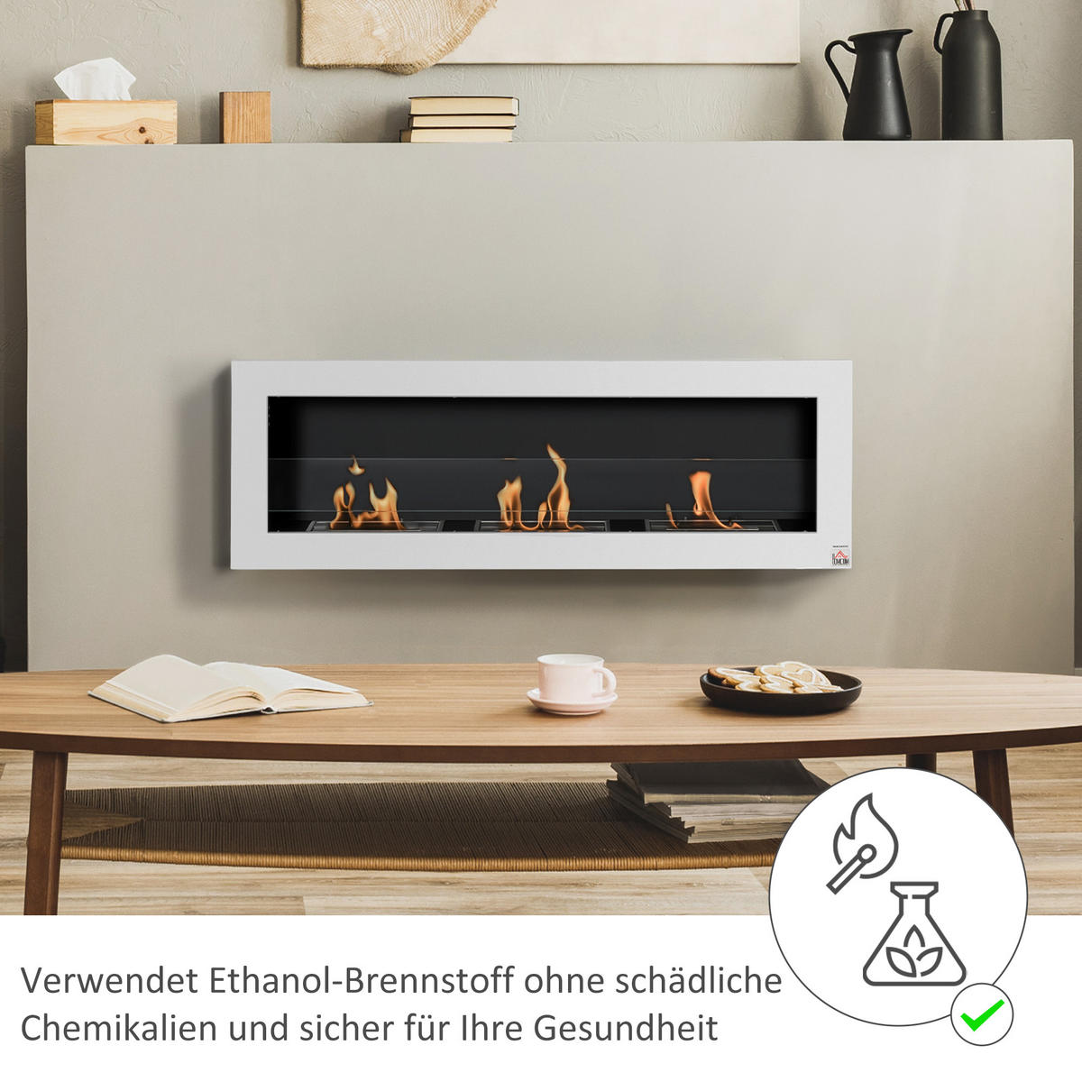 ETHANOL-KAMIN, 3 Brennboxenm, 2000W, kein Rauch, Stahl, gehärtetes Glas, Weiß - Weiß, Metall (15/40/120cm) - HOMCOM