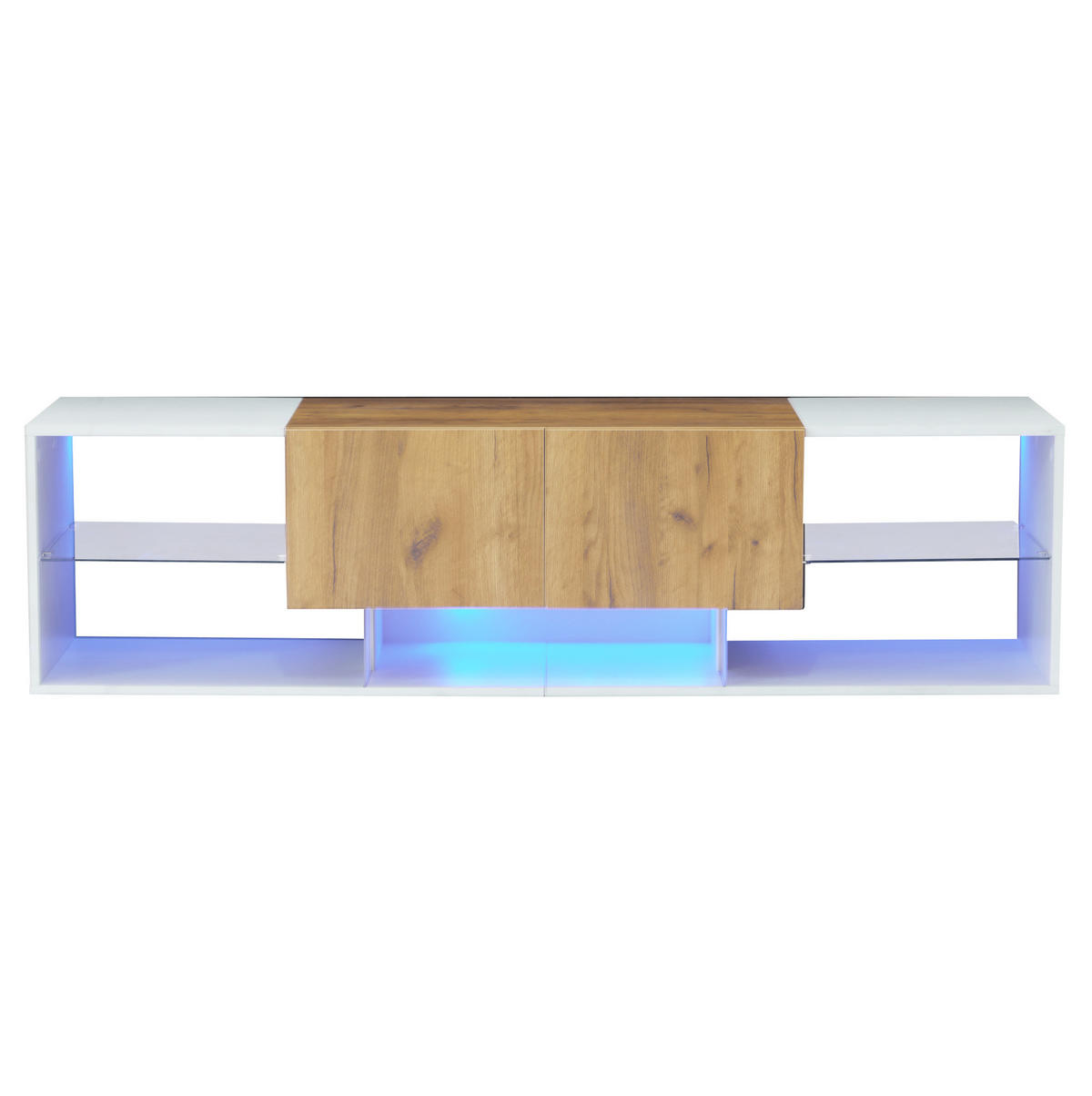 LOWBOARD 160/40/42 cm in Weiß und Eichefarben mit LED-Beleuchtung und 2 Schubladen - Hellbraun, Holzwerkstoff (160/42/40cm) - Flora Grace