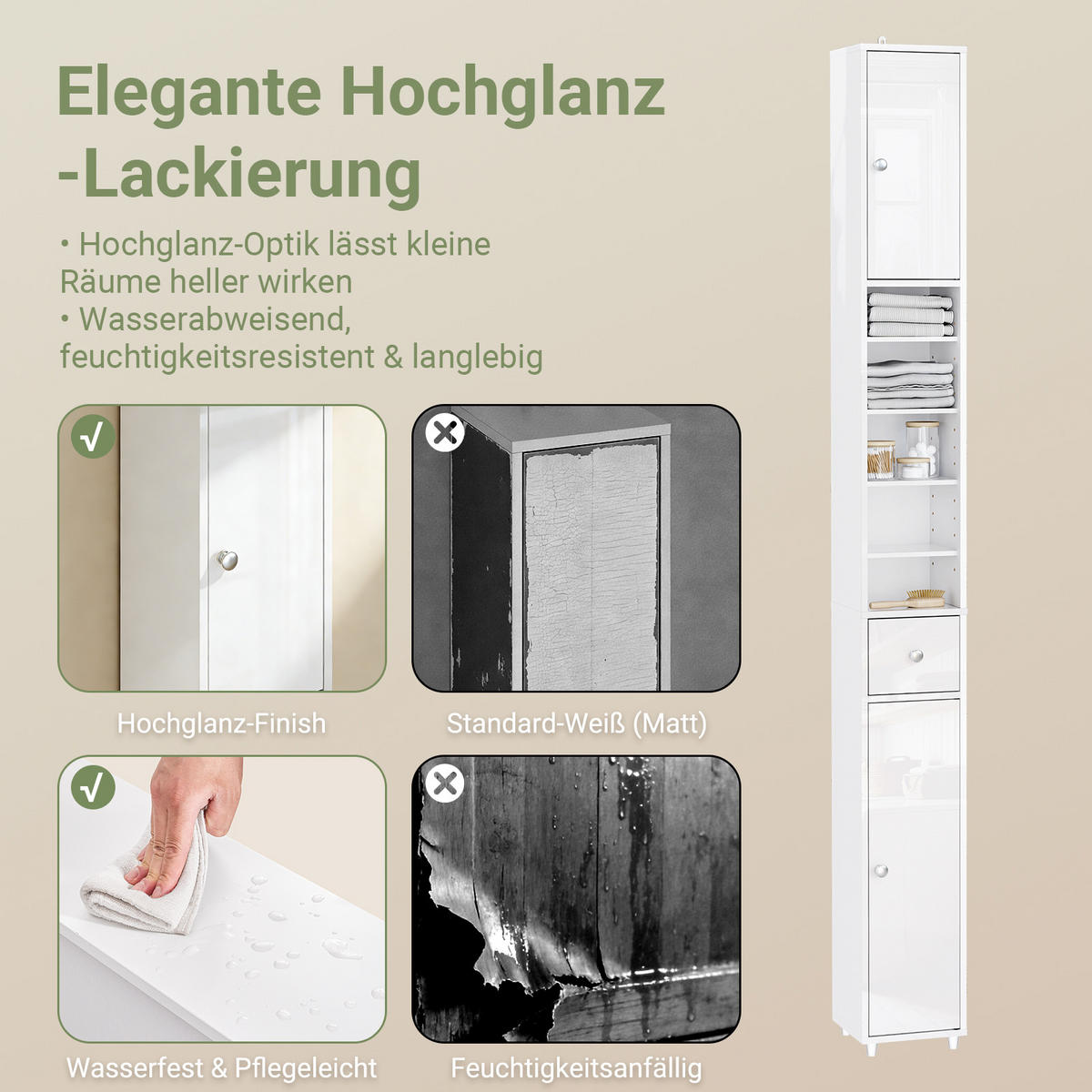 HOCHSCHRANK Weiß, Badezimmerschrank schmal 20x20x180 cm - Silberfarben/Weiß, Holzwerkstoff (20/180/20cm) - SoBuy