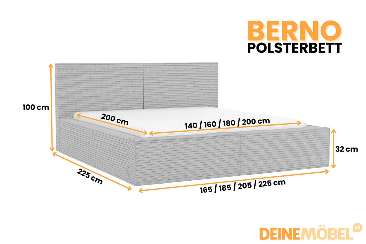 POLSTERBETT BERNO 160/200 in Cord Hellgrau - Hellgrau, Holz/Holzwerkstoff (160/200cm) - Deine Möbel 24