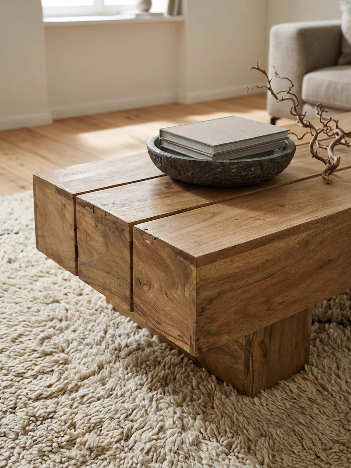 COUCHTISCH aus Massivholz, handgefertigt, pflegeleicht, aus Akazienholz und Edelholz, Beige 120x45x30 cm - Beige, Holz (45/120/30cm) - KADIMA DESIGN