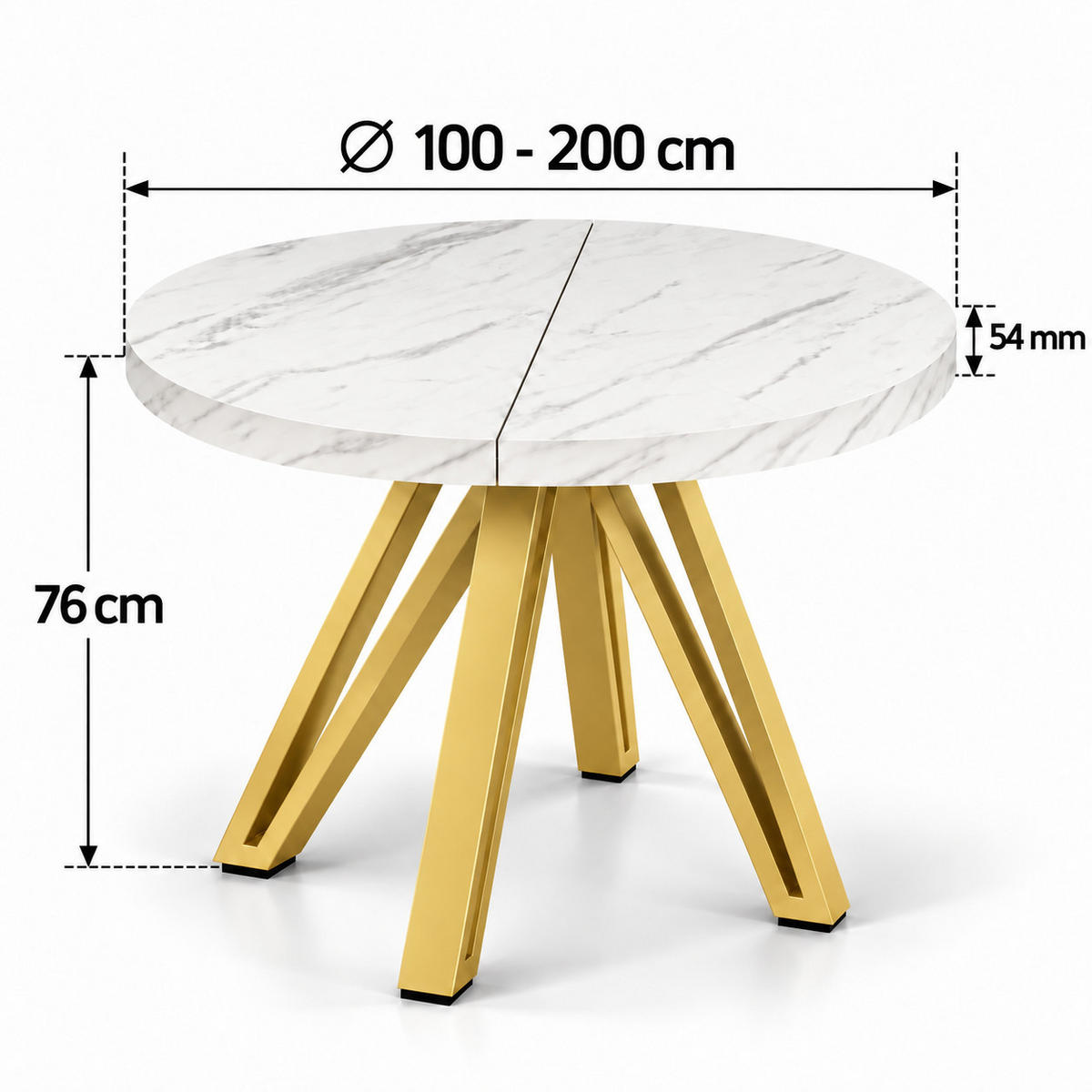 ESSTISCH rund ausziehbar 100/200/76 cm, Marmor, 54 cm Tischplatte + Industrial Metallgestell Gold - Goldfarben/Hellgrau, Holzwerkstoff/Metall (100/200/76cm) - Damale Möbel