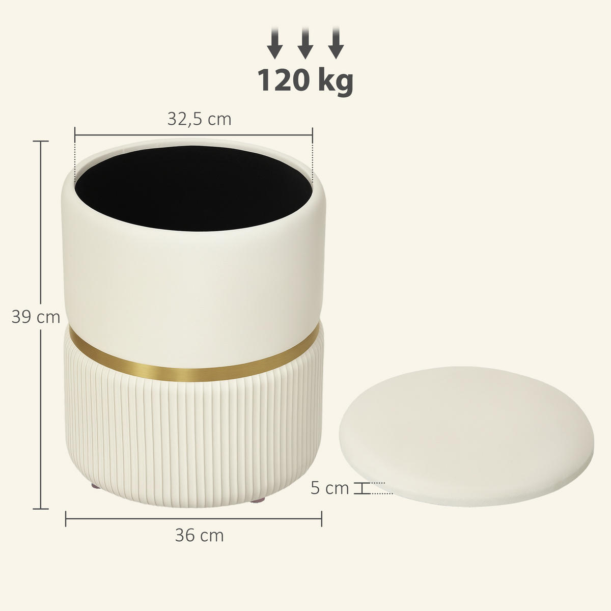 POUF DE-16435 mit Stauraum und Rippenvelours Beige - Beige, Textil (36/44/36cm) - ComfortXL