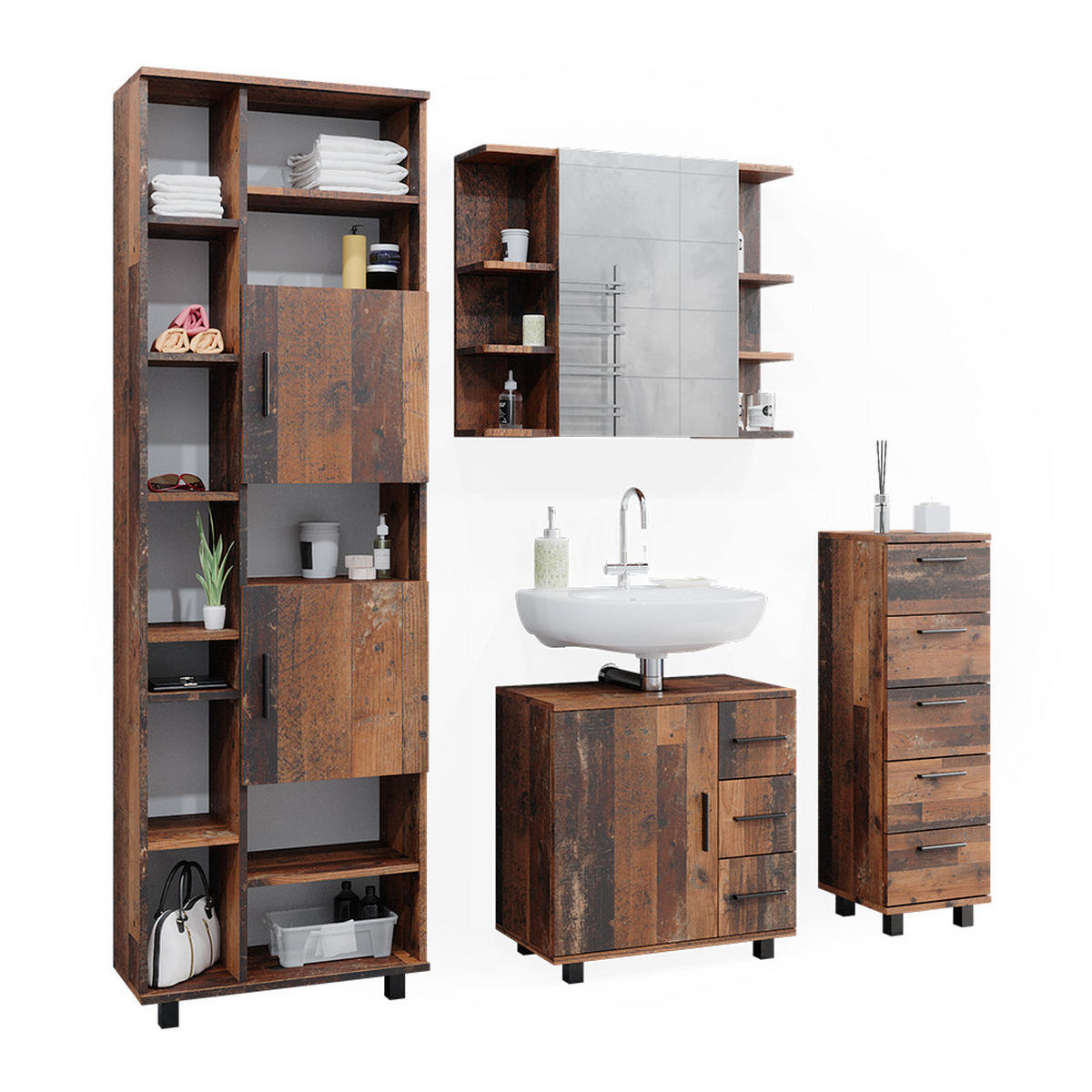 BADMÖBEL-SET Ilias Eiche rustikal 4 Teile - Wildeiche, Holzwerkstoff (60/60/33cm) - Vicco