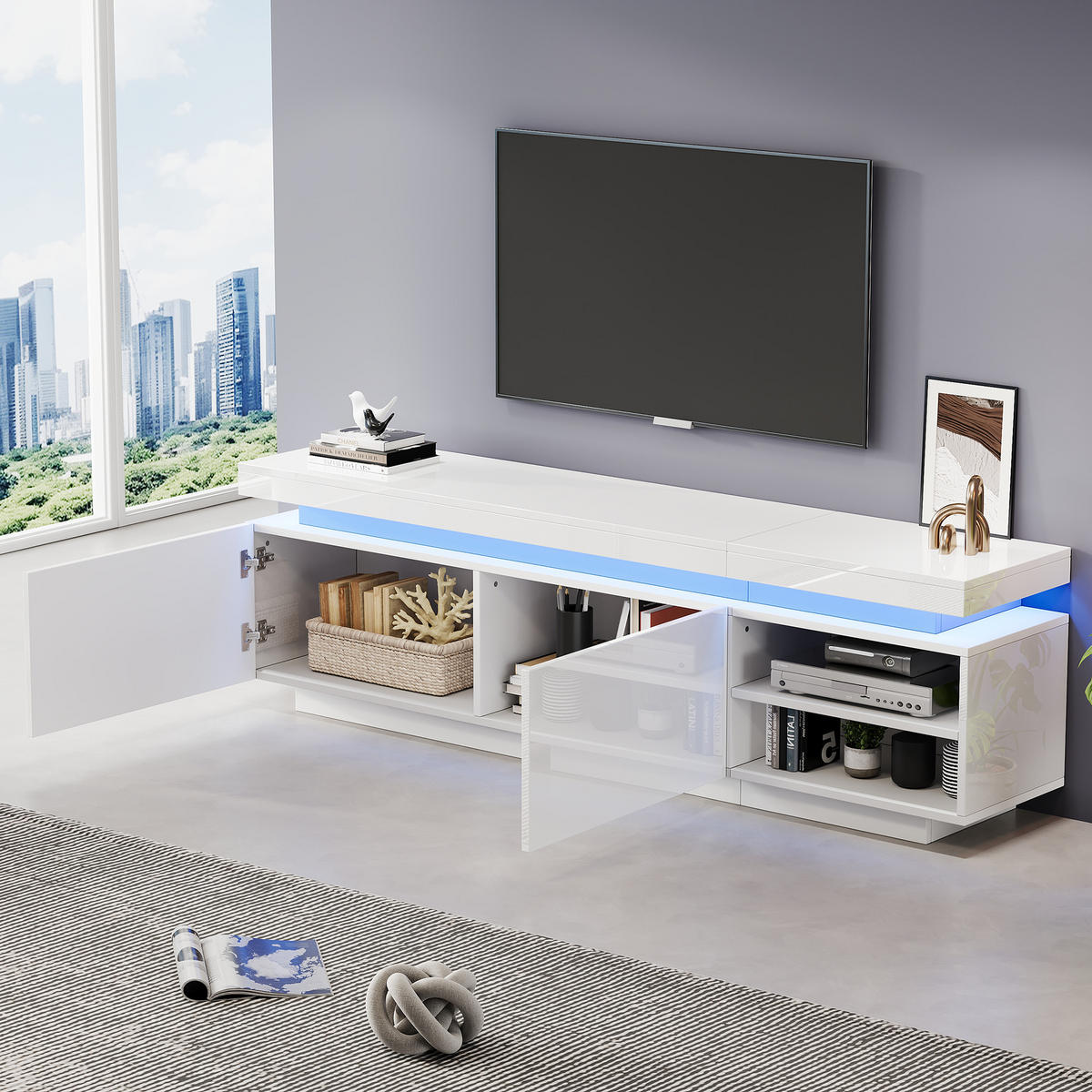 TV-SCHRANK Lowboard Modern Hochglanzweiß LED-Beleuchtung Stauraum bis 70 Zoll - Weiß, Holz (43.94/18.8/62.99cm) - FLIEKS