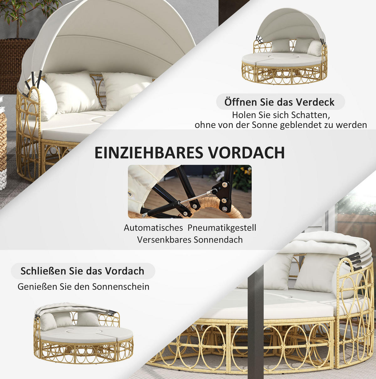 GARTENMÖBEL-SET 178/85/66,5 cm mit ausziehbarem Sonnendach, Hockern und Couchtisch aus Rattan, Cremeweiß - Weiß, Naturmaterialien - Redom