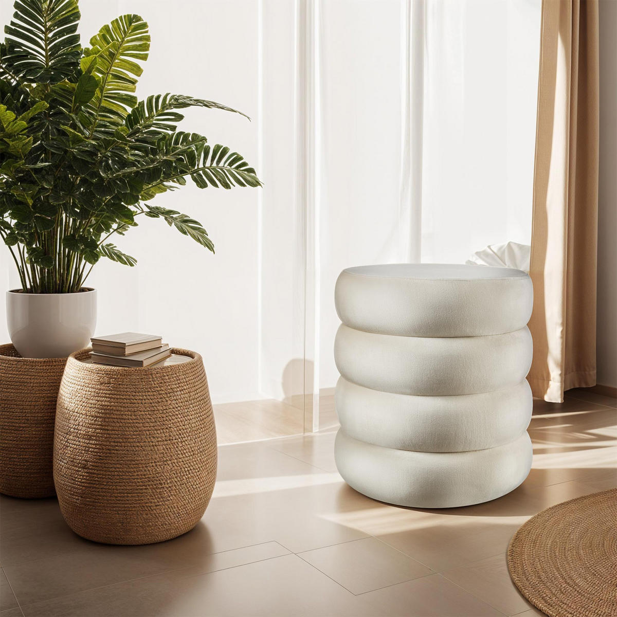 SITZHOCKER mit Stauraum Altu,42 x 42 x 47 cm,Samtoptik creme-weiß - Weiß/Samtahornfarben, Holz (42/47/42cm) - tectake