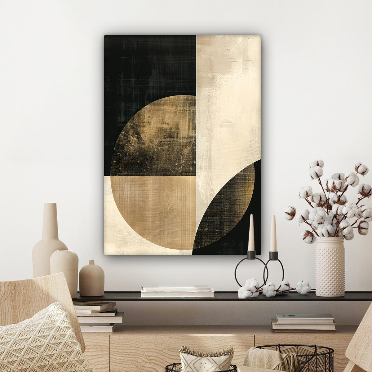 LEINWANDBILD Abstrakt - Geometrische Formen - Schwarz - Gold Wandbild Wohnzimmer 60x80 cm - Ecru, Textil (60/80cm) - MuchoWow