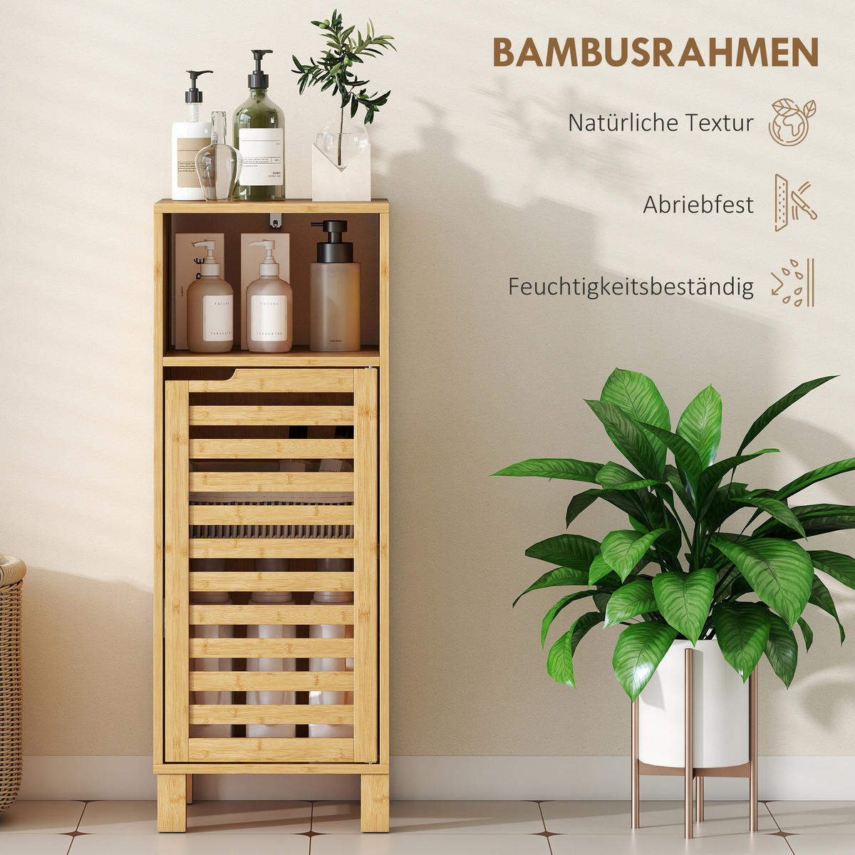 BADEZIMMERSCHRANK Badschrank schmal mit verstellbaren Regalen, offenem Fach - Naturfarben, Holz/Bambusholz (30/80/30cm) - HOMCOM