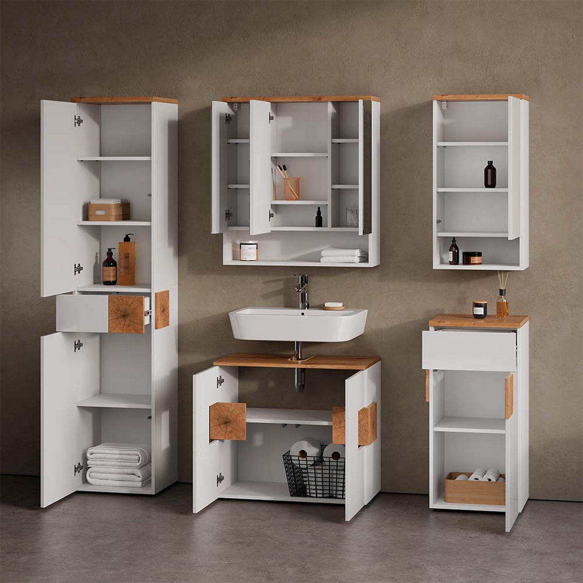 BADMÖBEL-SET Tanaro Weiß 5 Teile - Weiß/Eiche Artisan, Holzwerkstoff (73/64/37cm) - Livinity®