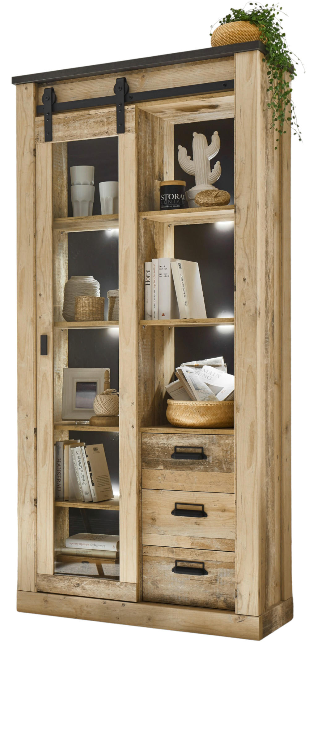 VITRINE Used Wood hell, anthrazit, Vitrinenschrank mit Schiebetür - Anthrazit/Schwarz, Glas/Holzwerkstoff (93/201/38cm) - Furn.Design