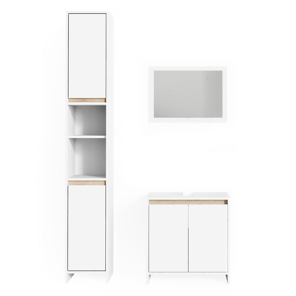 BADMÖBEL-SET Emma Weiß/Sonoma 3 Teile, mit Hochschrank - Weiß/Sonoma Eiche, Holzwerkstoff (58/60/33cm) - Vicco