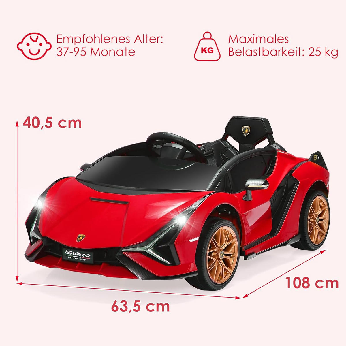 DETSKÉ AUTO Lamborghini 12V červené - červená, plast (64/41/108cm) - COSTWAY