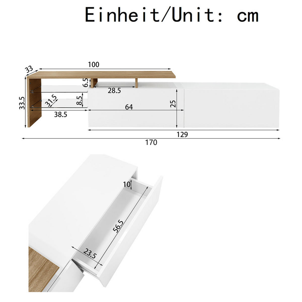 TV-SCHRANK Modern Hochglanzweiß Holzoptik Glasböden LED-Beleuchtung - Weiß, Holz (42.19/18.42/143cm) - FLIEKS