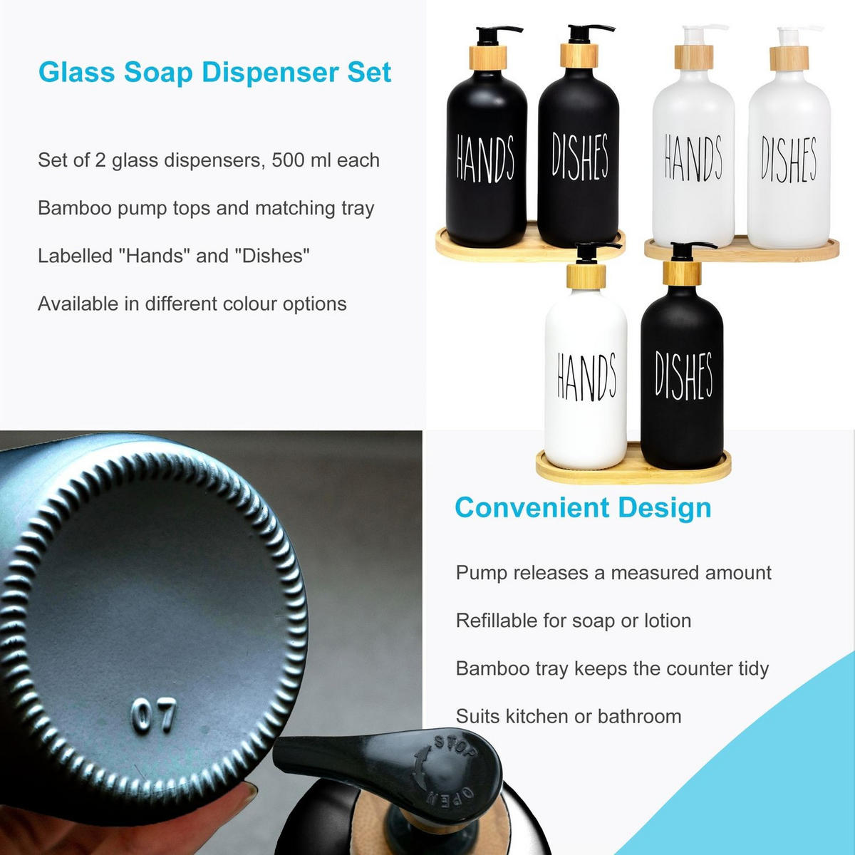 SEIFENSPENDER SET 500ml mit Tablett (3-tlg.) - Schwarz, Glas (8.8/20.6/17.4cm) - Intirilife