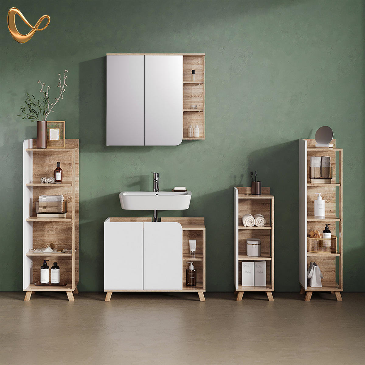 KOPALNIŠKA POLICA Marano, Sonoma/Bela, 30 x 128 cm s 4 predali - bela/hrast sonoma, leseni material (30/128/35cm) - Livinity®