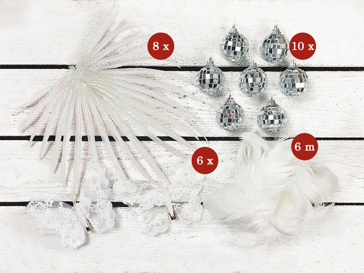 WEIHNACHTSBAUM künstlicher 60 cm mit LED-Beleuchtung, SCHMETTERLINGSGLANZ, mit 25 Weihnachtsbaumschmuck, Pflanztopf mit Jutesack - Silberfarben/Weiß, Kunststoff/Stein (40/60cm) - LAALU