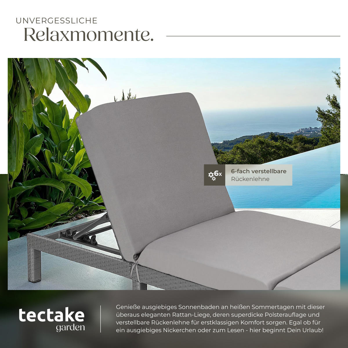 RATTAN-SONNENLIEGE Sofia,196 x 66 x 27 cm,grau - Grau, Kunststoff (66/27/196cm) - tectake