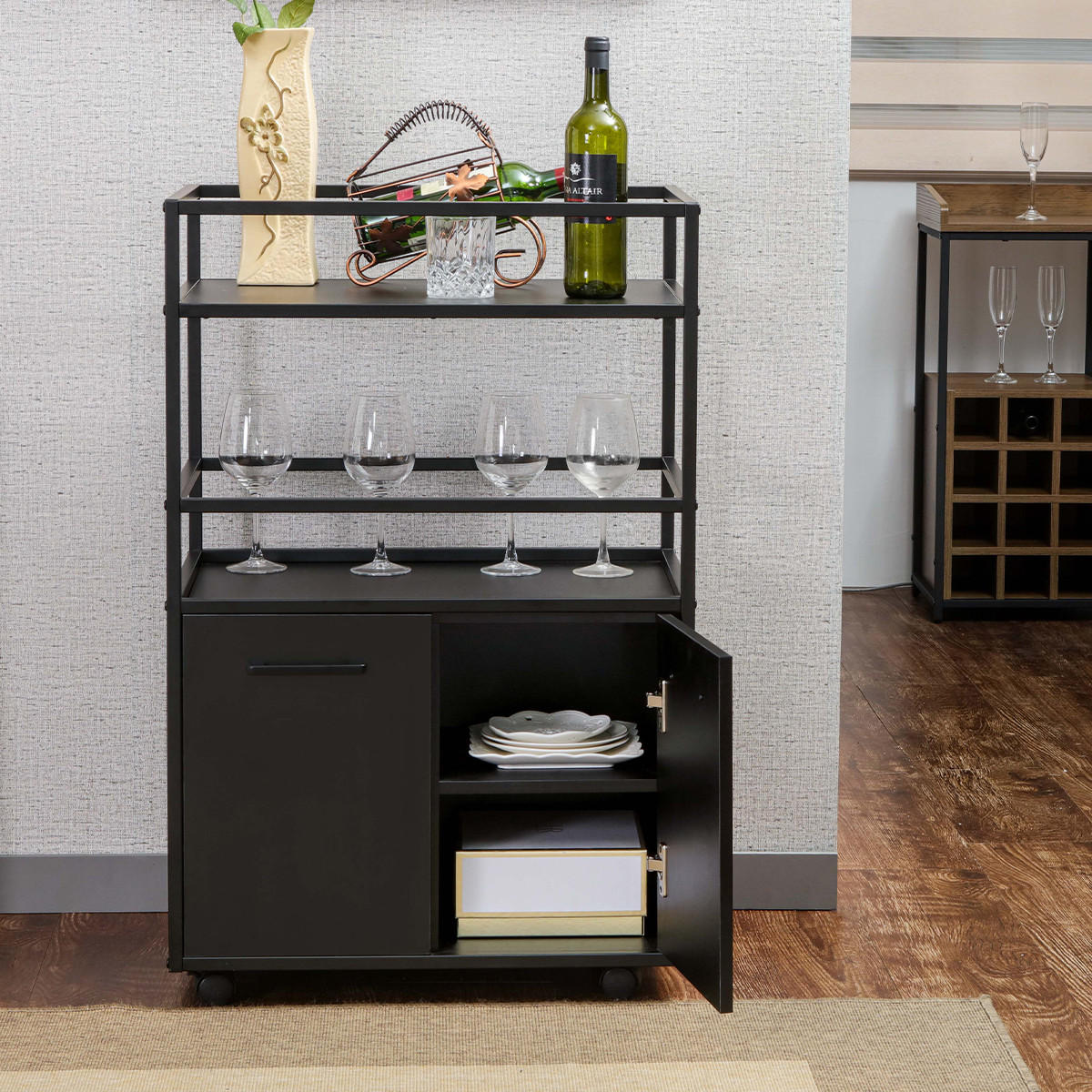 ROLLSIDEBOARD 2 Türen, 2 Ablagen und 4 Rollen B60 cm – MOSAIK - Schwarz, Holzwerkstoff (40/94/46cm) - Calicosy